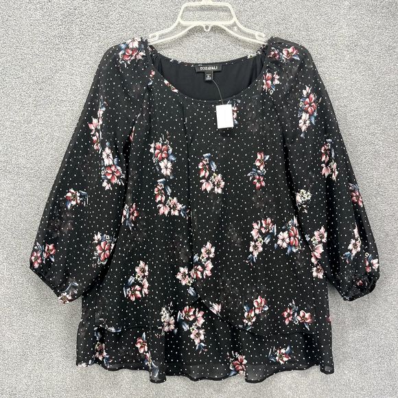 Roz & Ali Top women PXL Petite Black Floral Long Puff Sleeve Round Neck Blouse - Picture 1 of 16